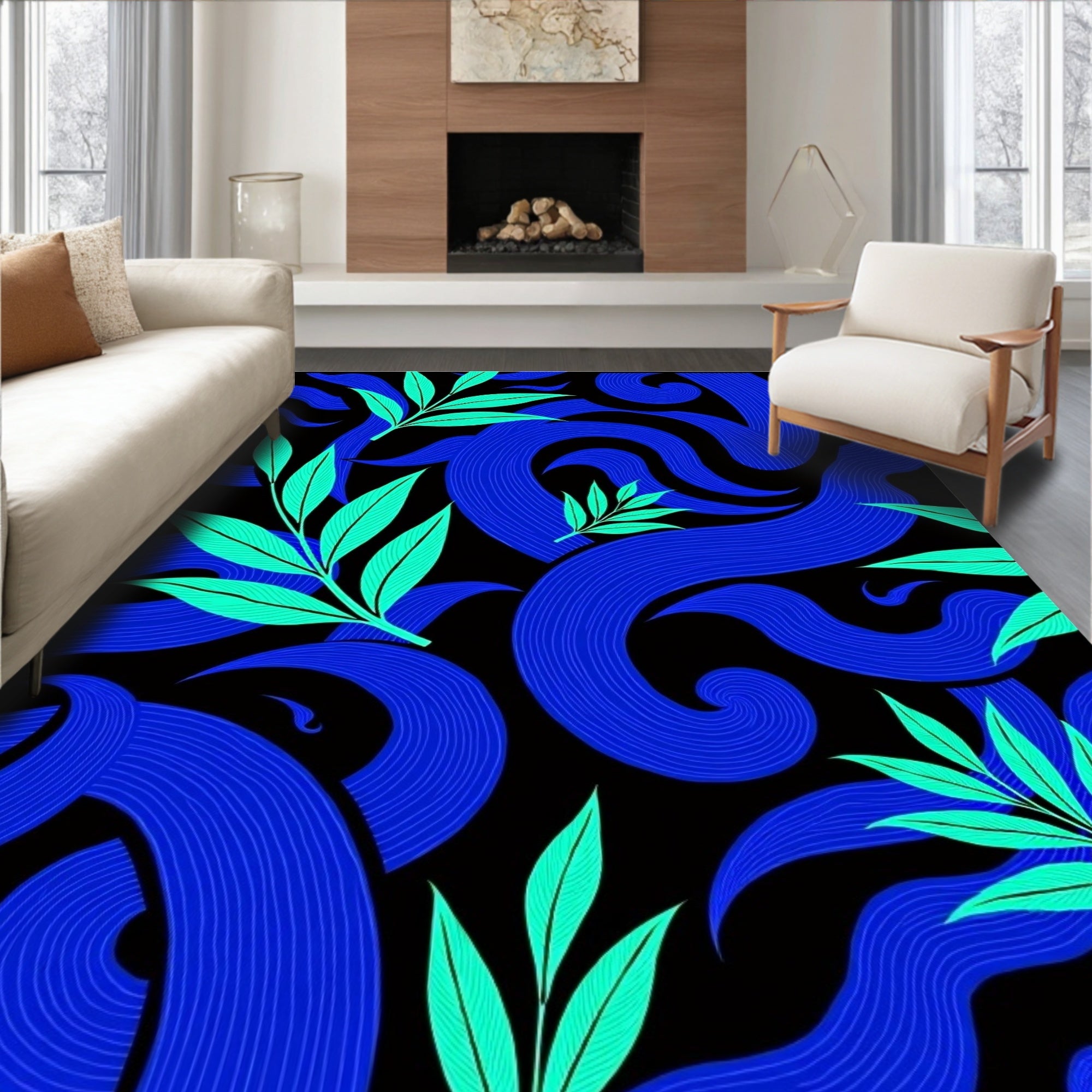 Bold Blue Swirls Emerald Leaves Rug
