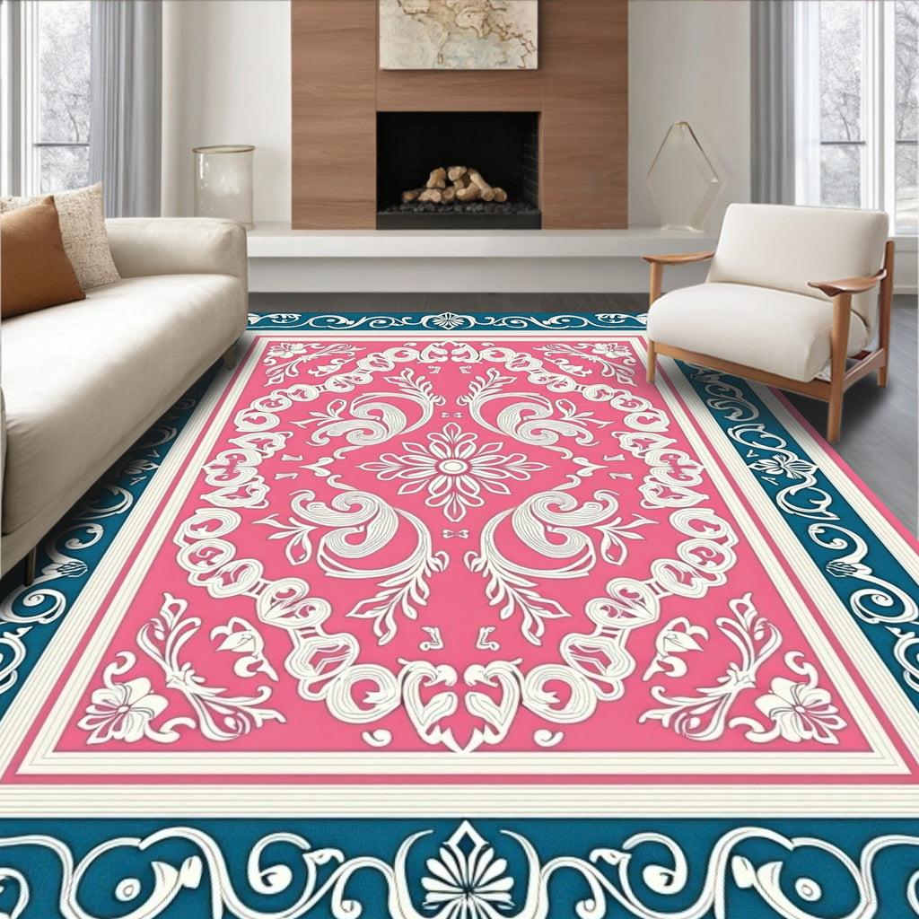 Pink With Blue Floral Scroll Border Rug