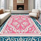 Pink With Blue Floral Scroll Border Rug