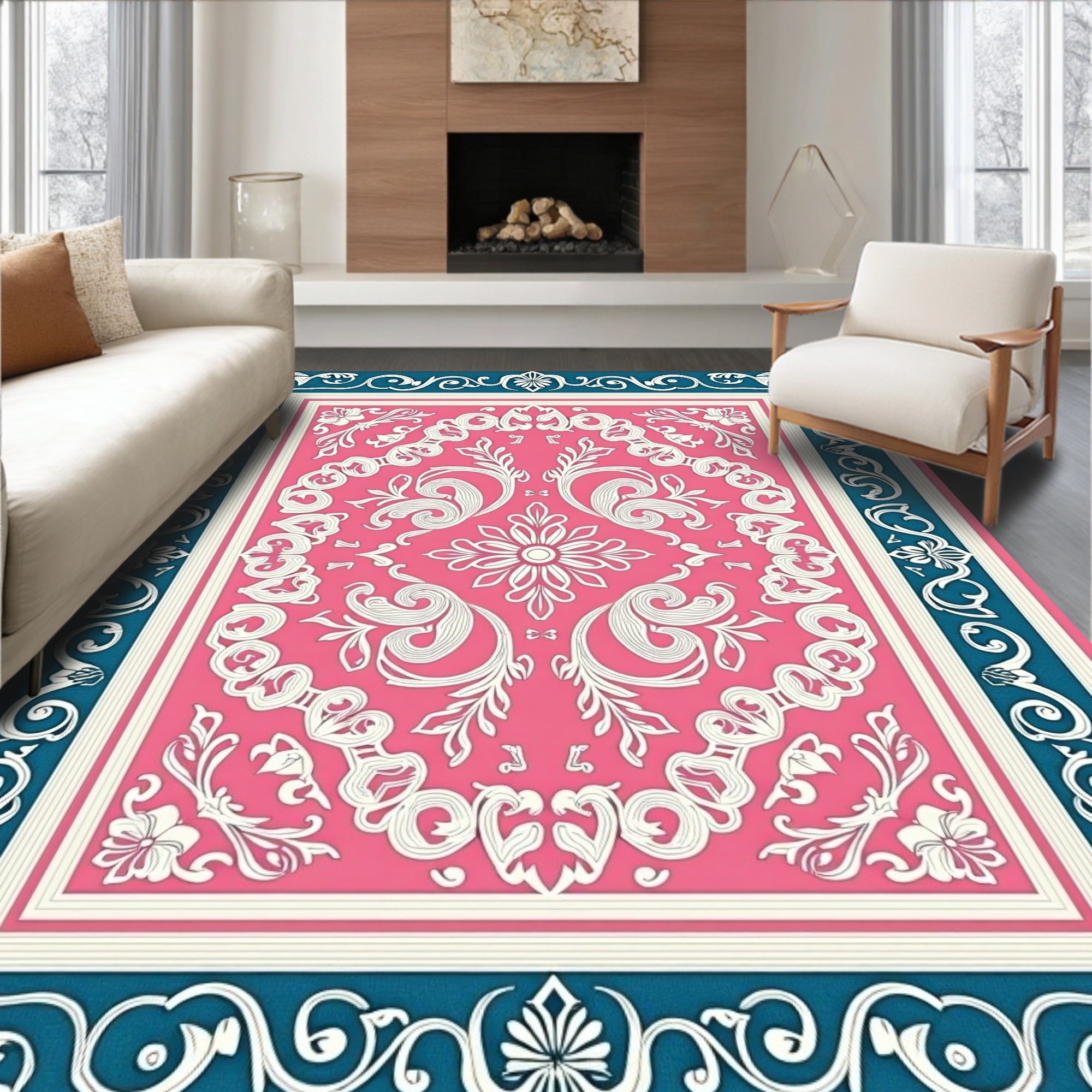 Pink With Blue Floral Scroll Border Rug