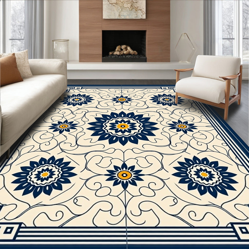 Navy Floral Medallion With Scrollwork Ground Rug