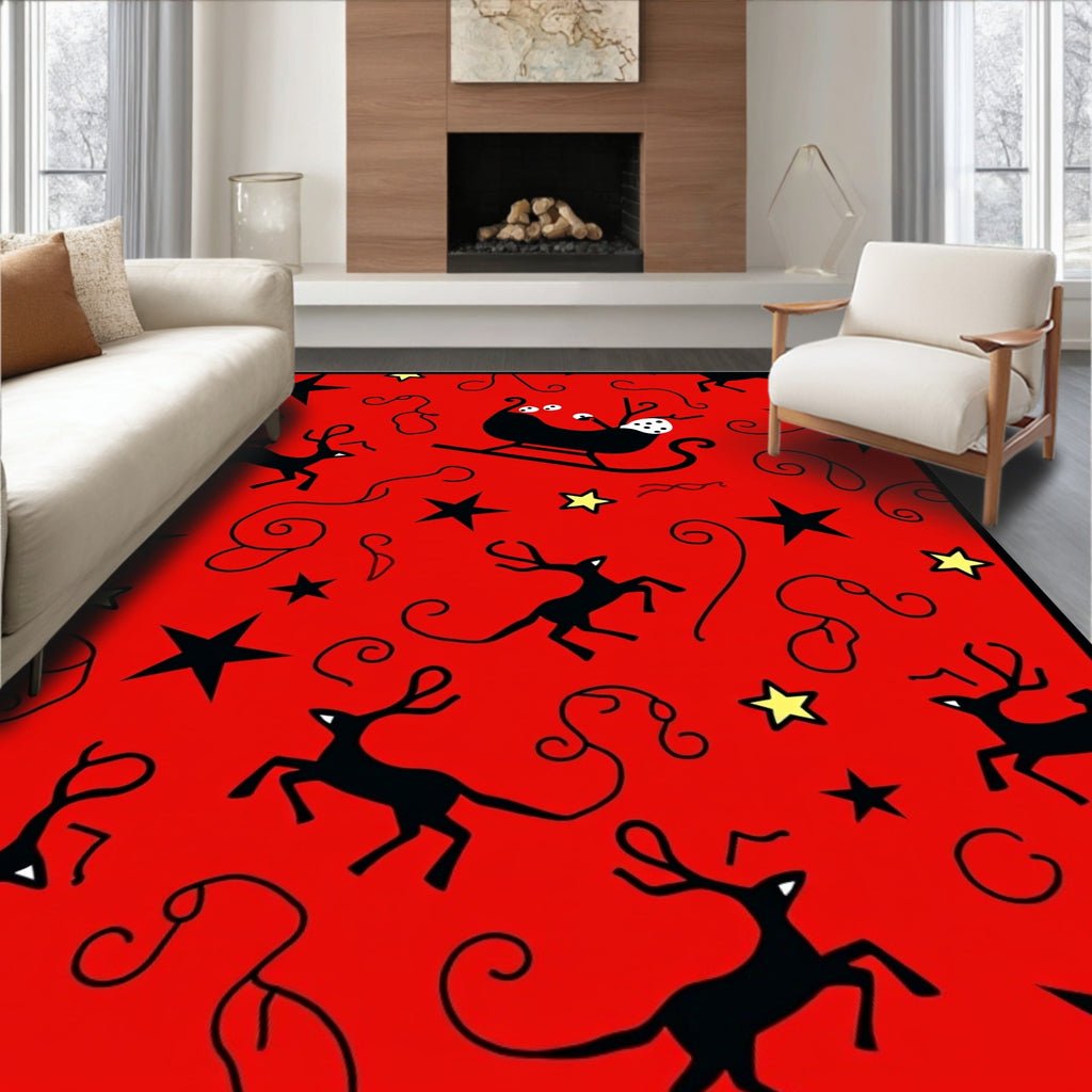 Red Sleigh Reindeer Star Swirls Rug