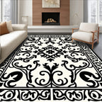 Black White Floral Damask Pattern Rug