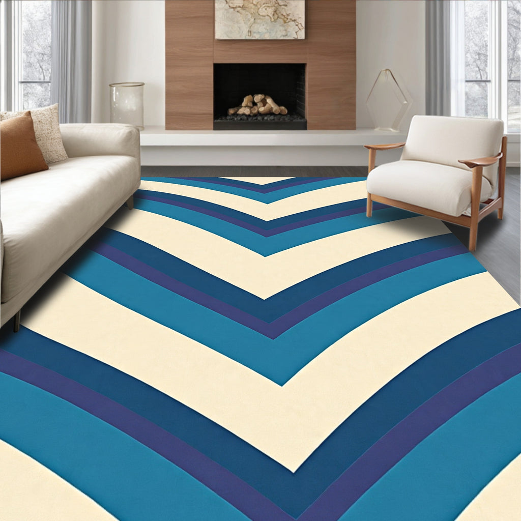 Retro Chevron Blue And Cream Rug