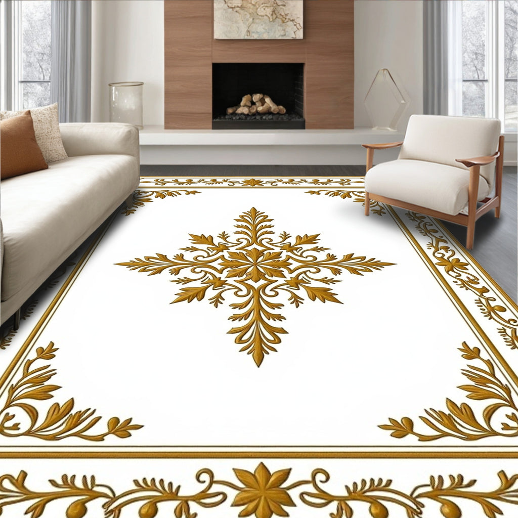Ornate Gold Swirl Floral Border Rug