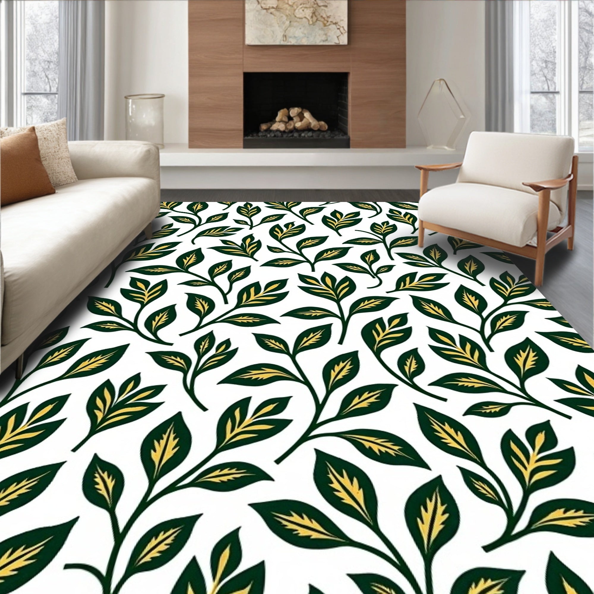 Dark Green Leafy Branch Pattern Rug