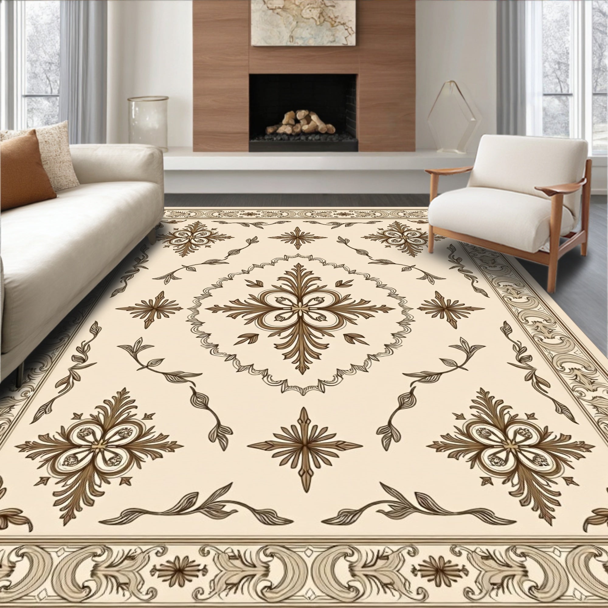 Ornate Floral Leaf Scrollwork Rug