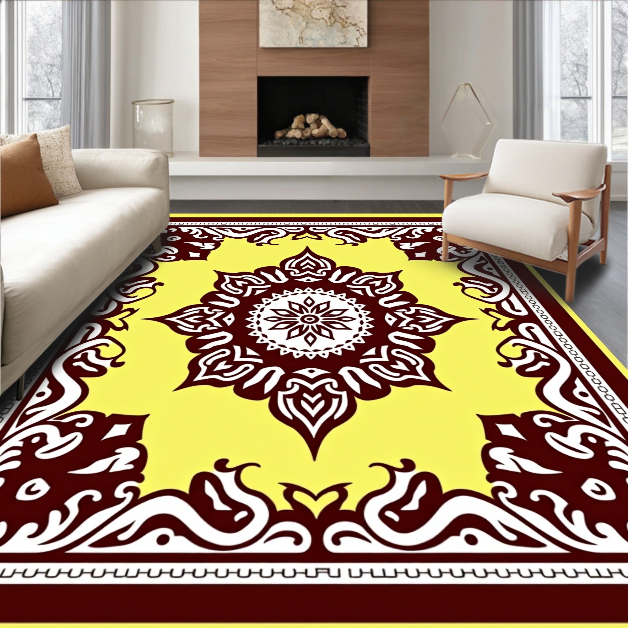 Ornate Yellow Burgundy Mandala Pattern Rug