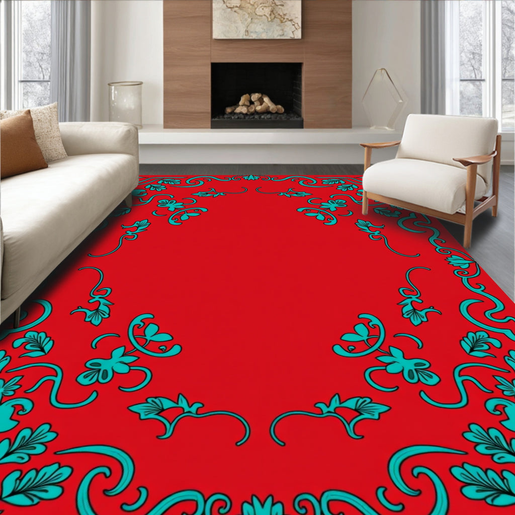 Teal Floral Swirls Red Border Design Rug