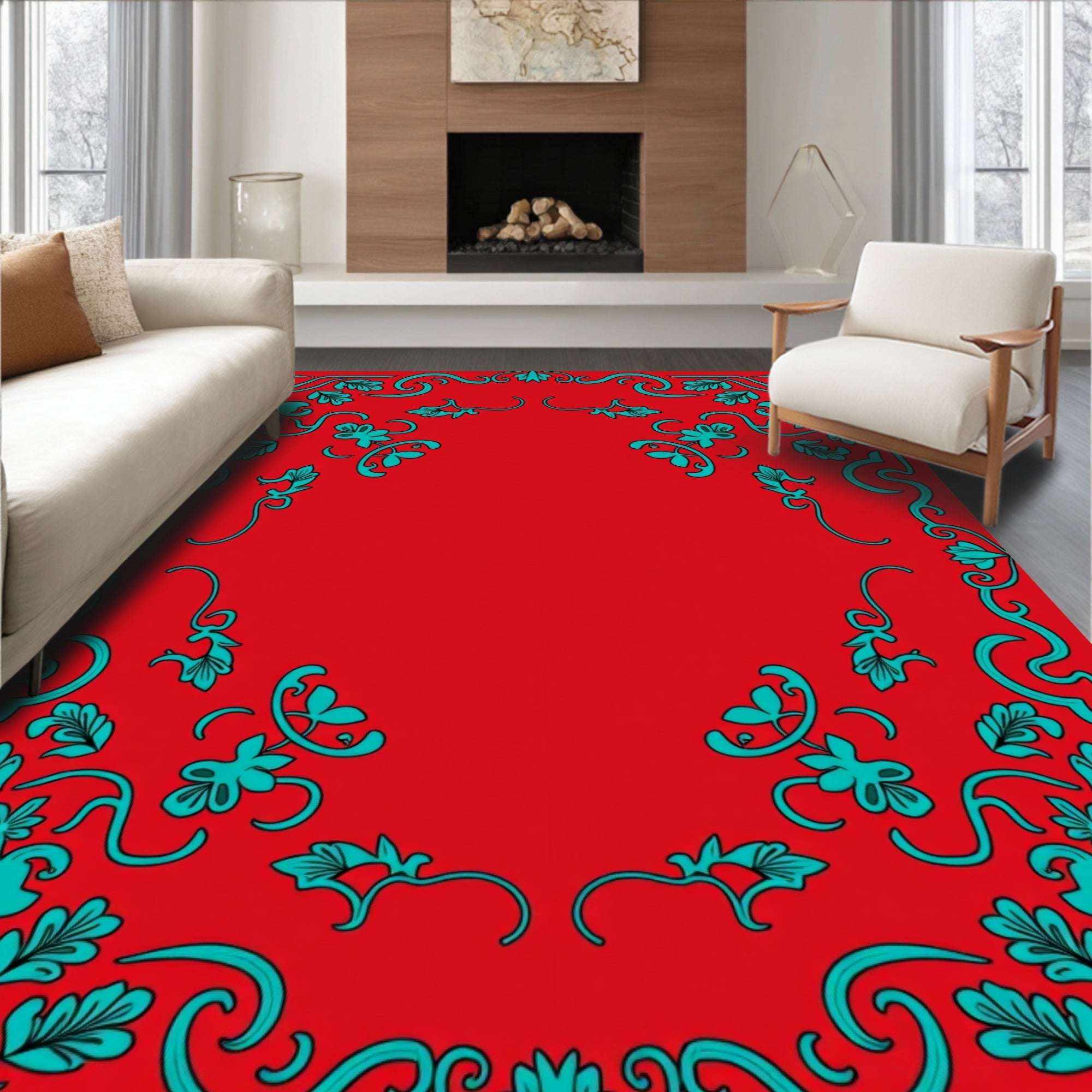 Teal Floral Swirls Red Border Design Rug