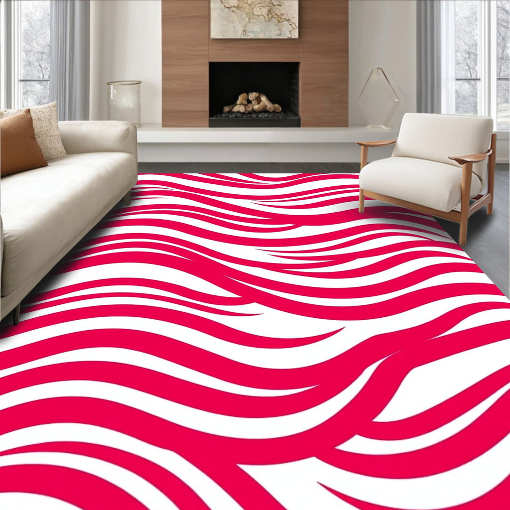 Bold Red White Flowing Waves Rug