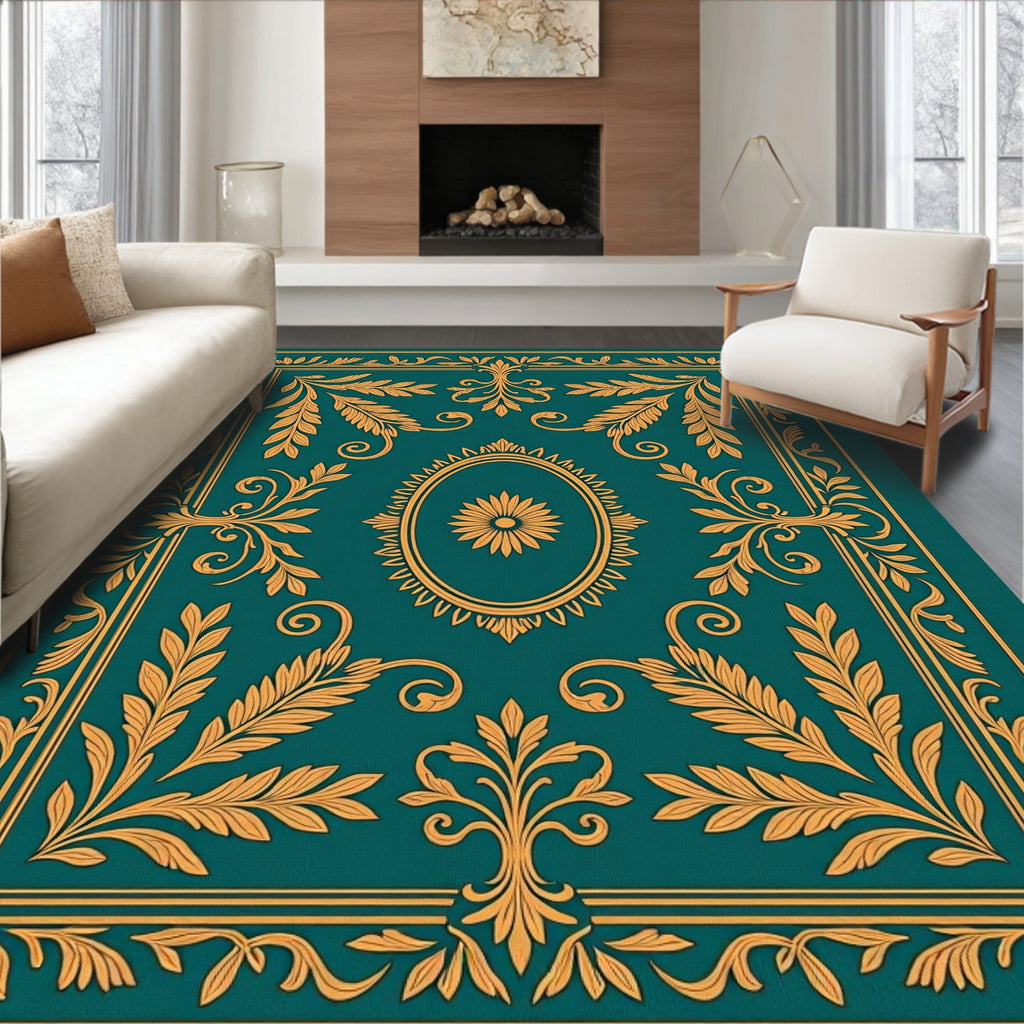 Ornate Floral Medallion Teal Gold Rug