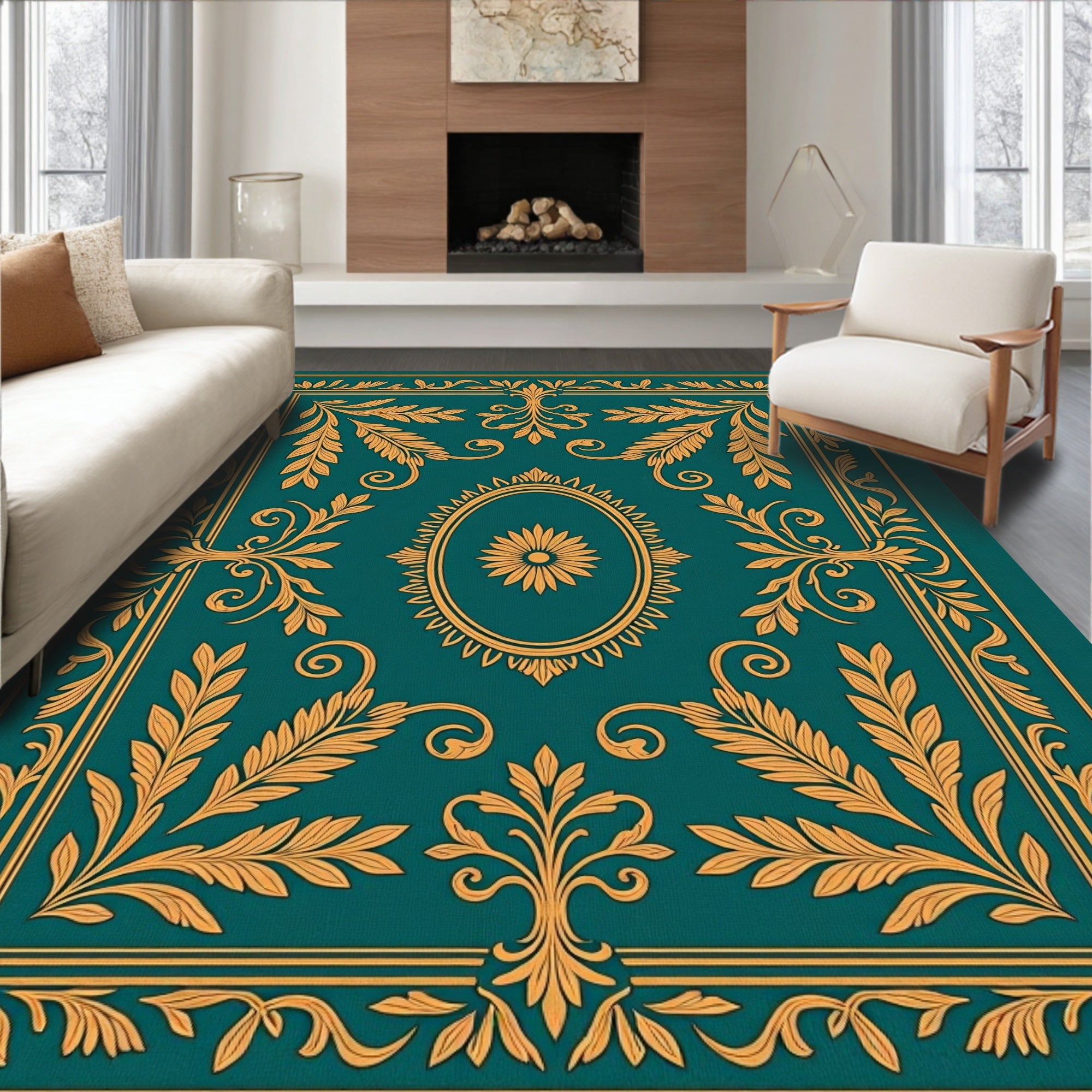 Ornate Floral Medallion Teal Gold Rug