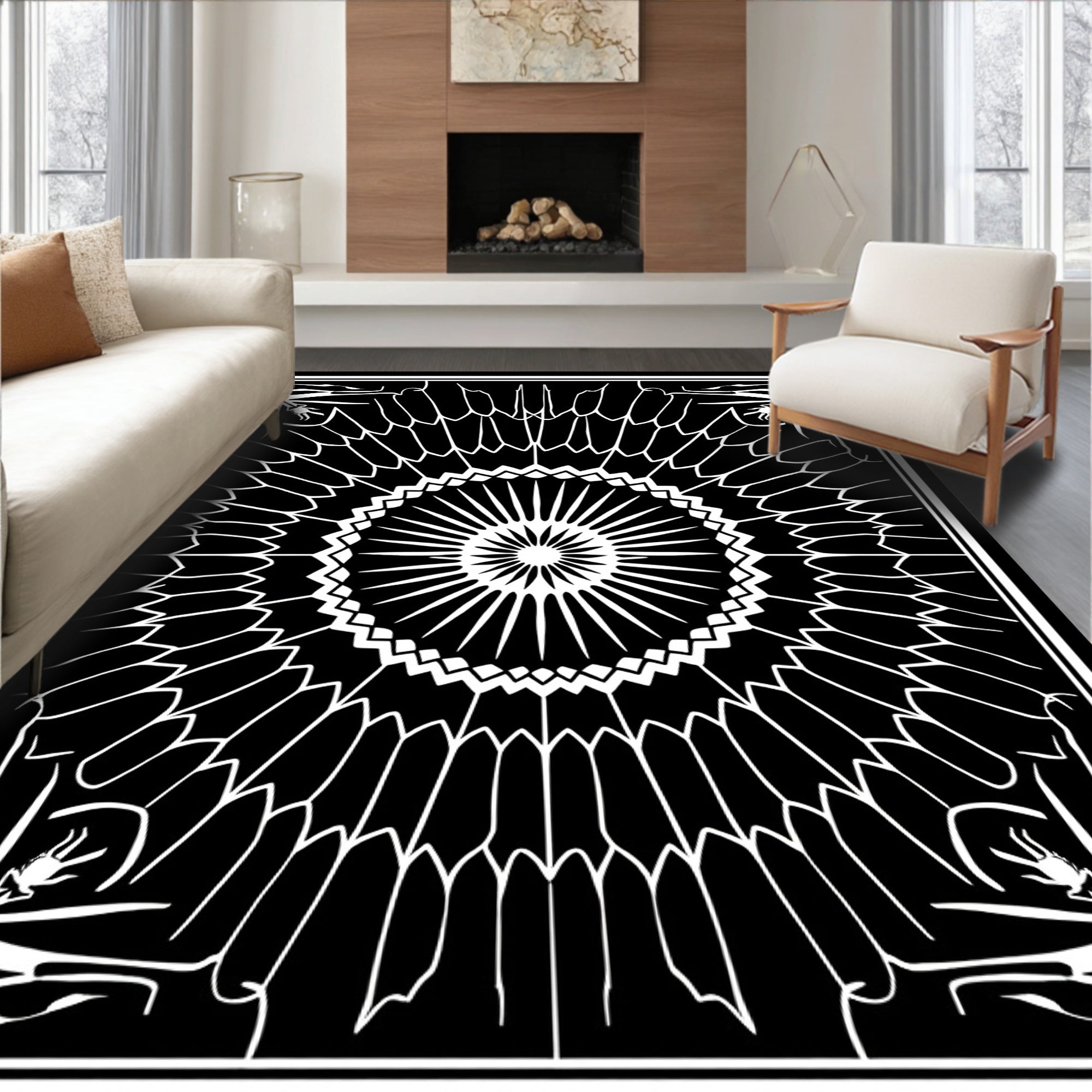 Spiderweb Centerpiece Black White Design Rug
