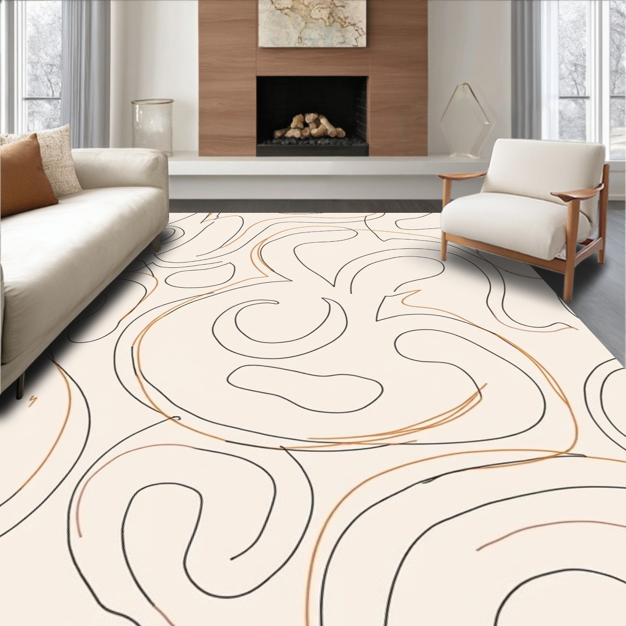 Abstract Swirl Black Brown Line Rug