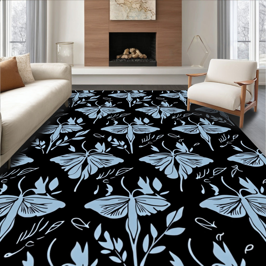 Light Blue Moth Botanical Pattern Rug