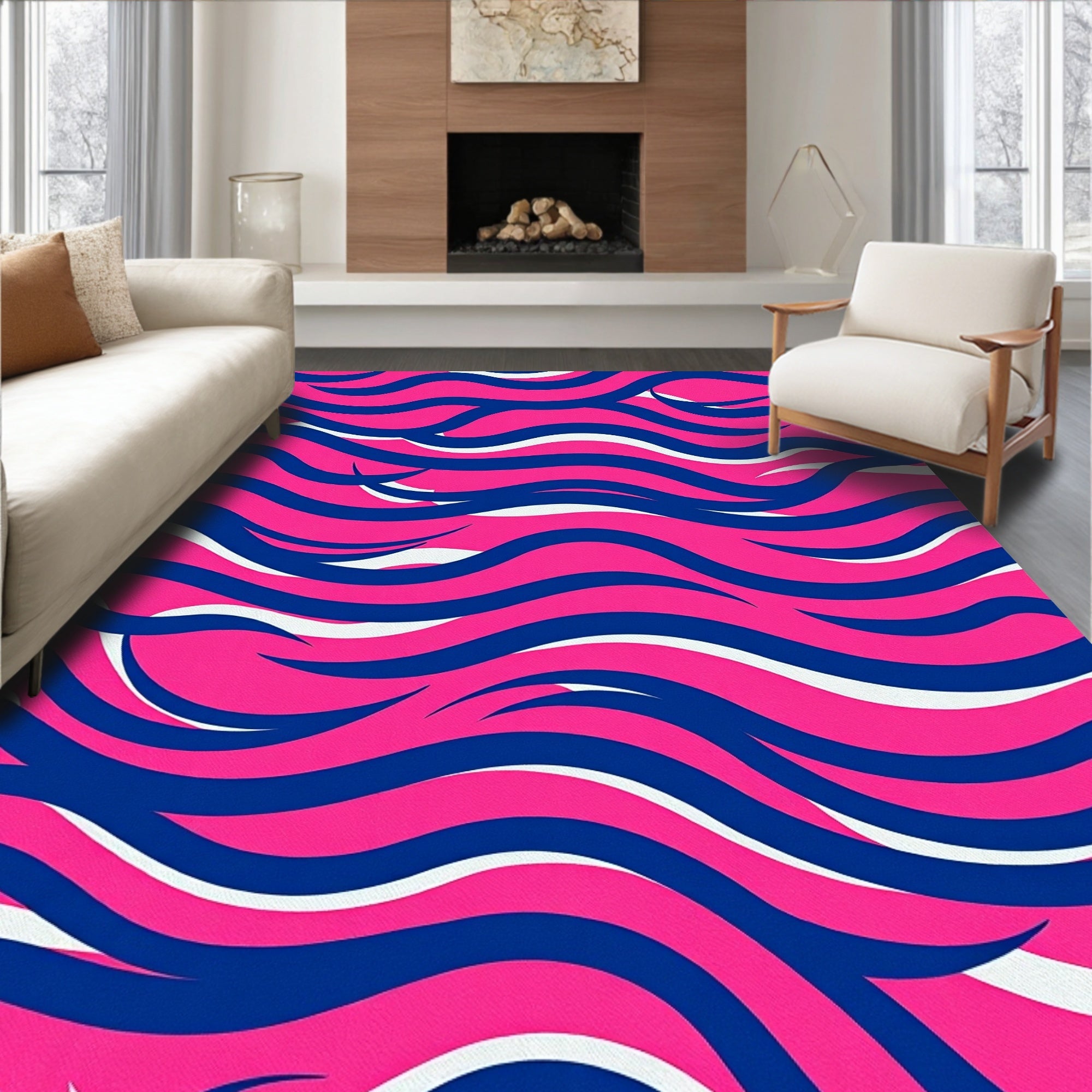 Dynamic Wavy Blue Pink White Design Rug