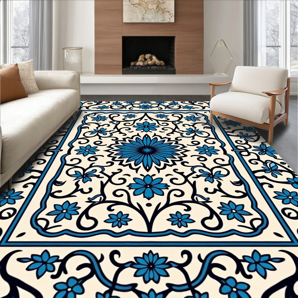 Intricate Blue Floral Cream Scrollwork Design Rug