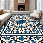 Intricate Blue Floral Cream Scrollwork Design Rug