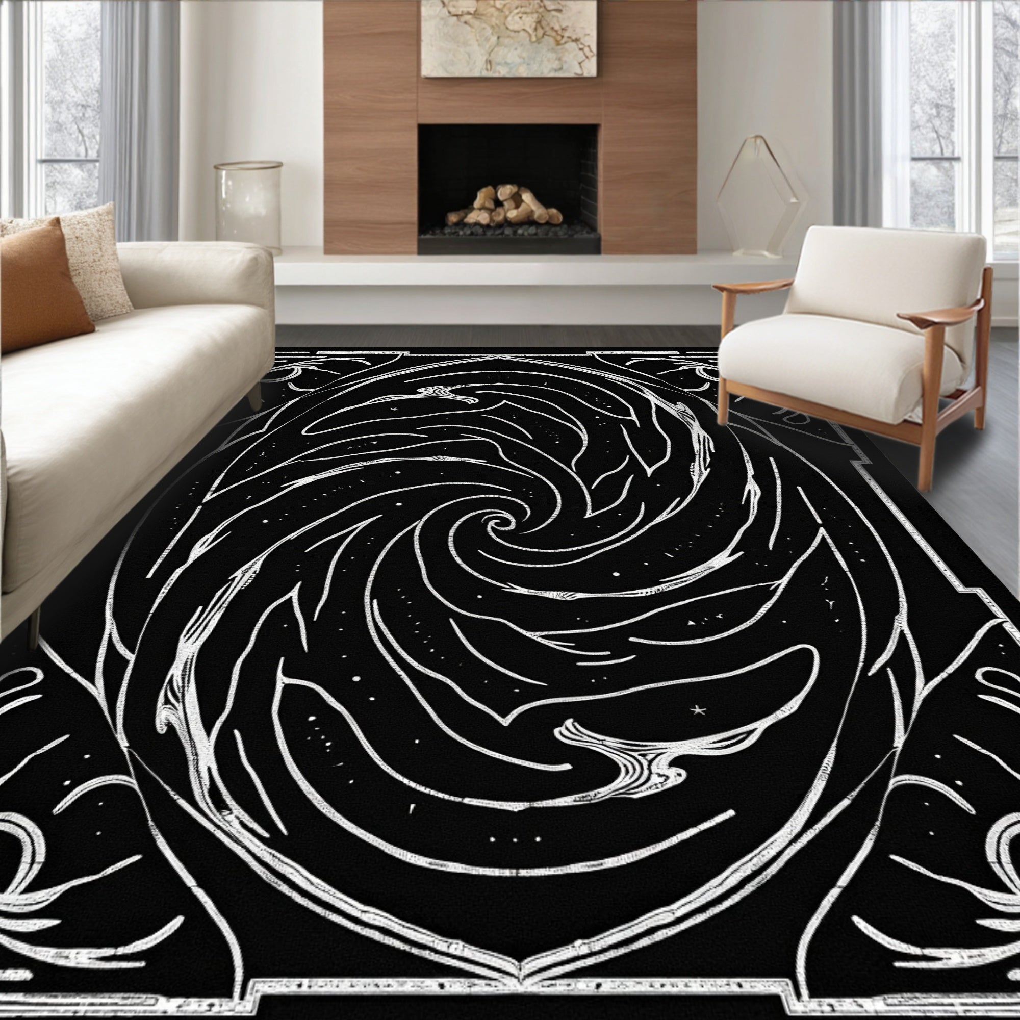 Ornate Swirl White On Black Design Rug