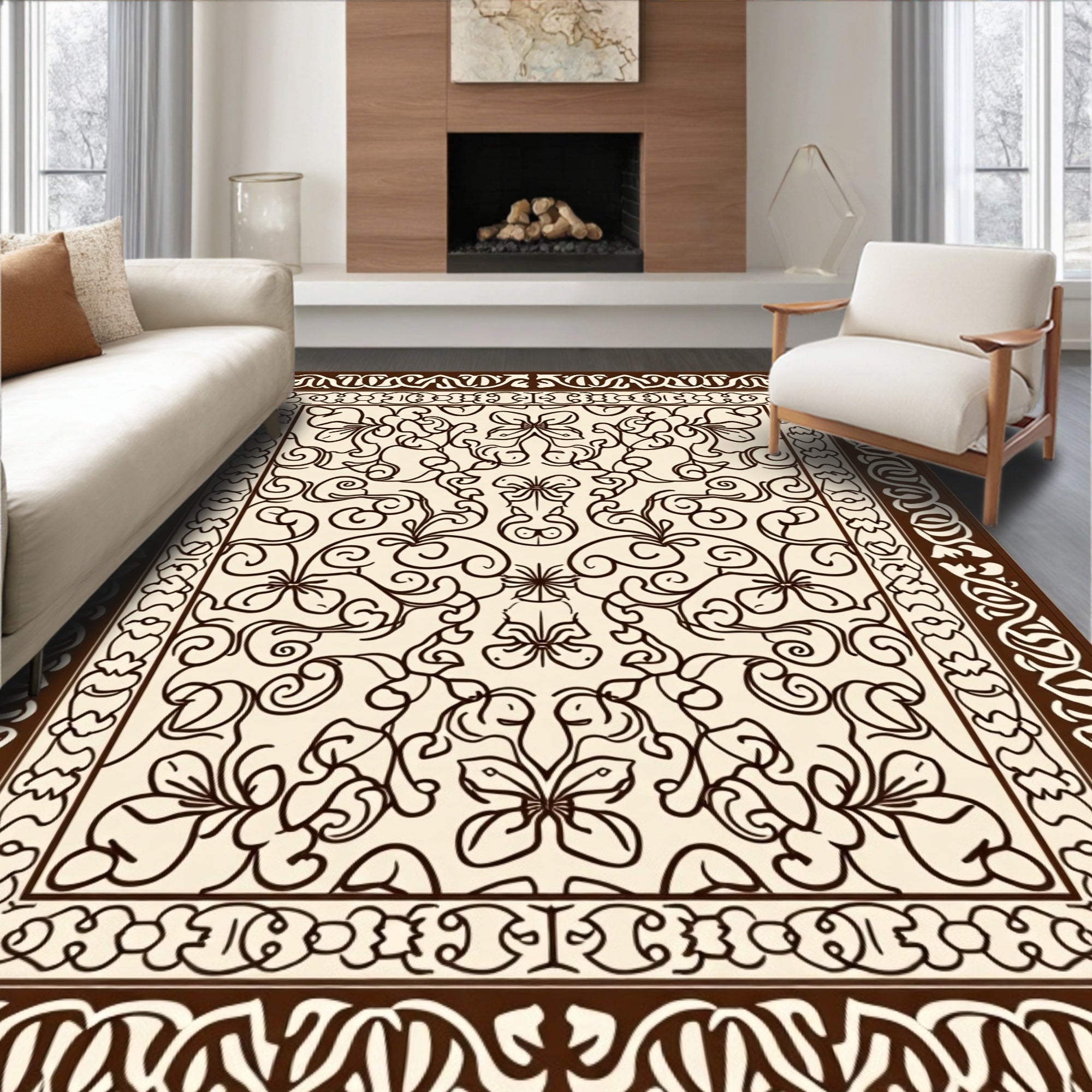 Dark Brown Floral Scrollwork Rug
