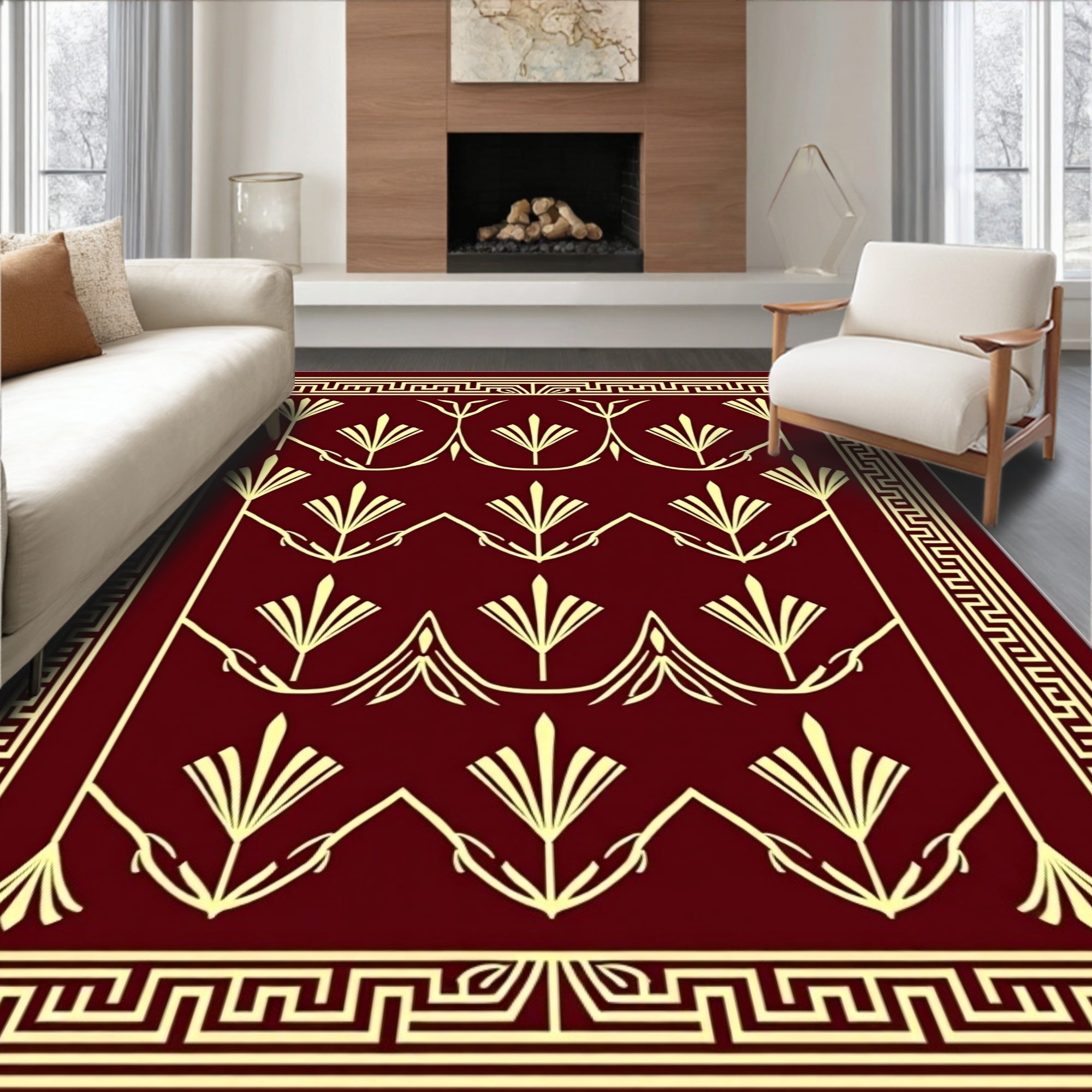 Art Deco Fan Pattern Burgundy Rug