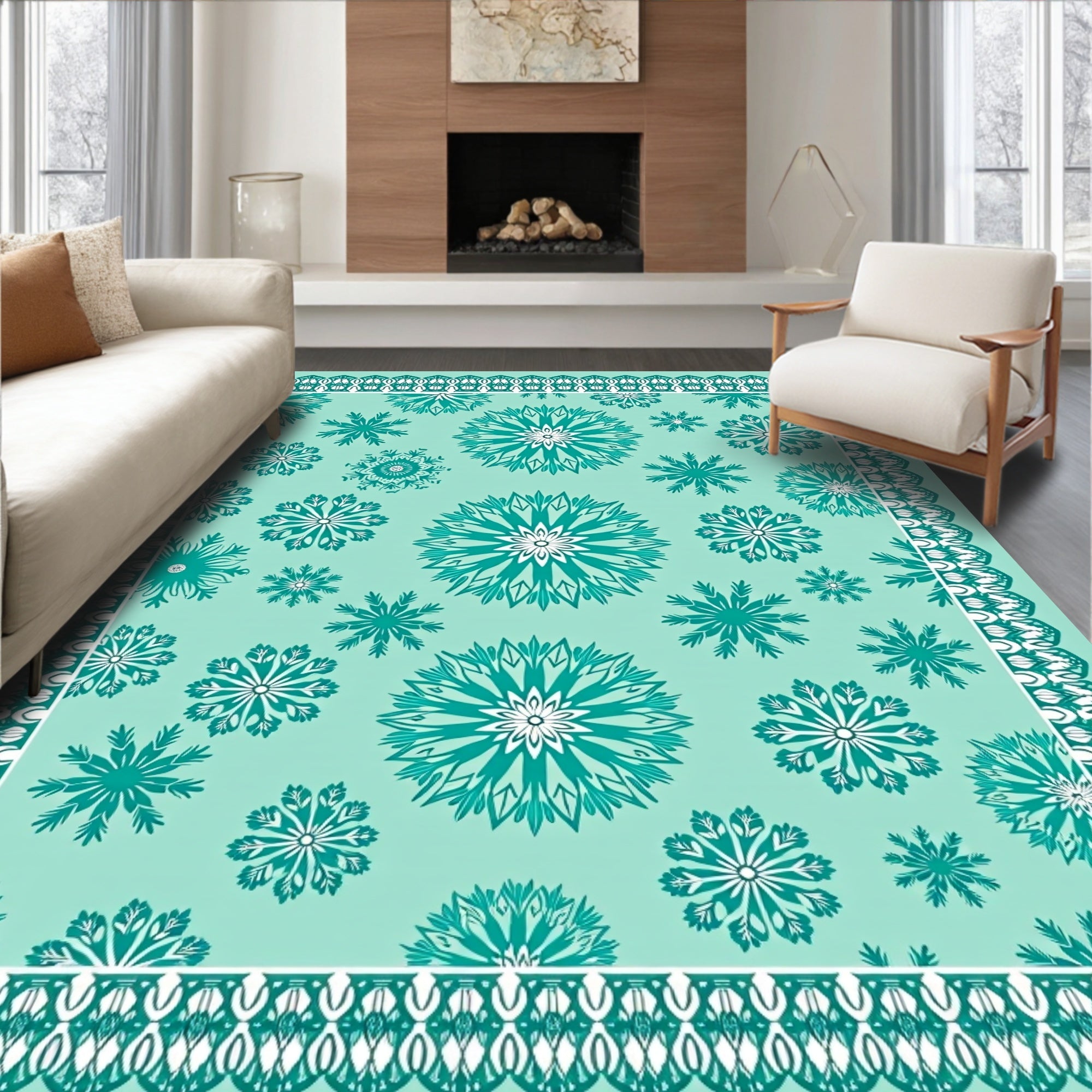 Teal Snowflake Medallion Lace Border Rug