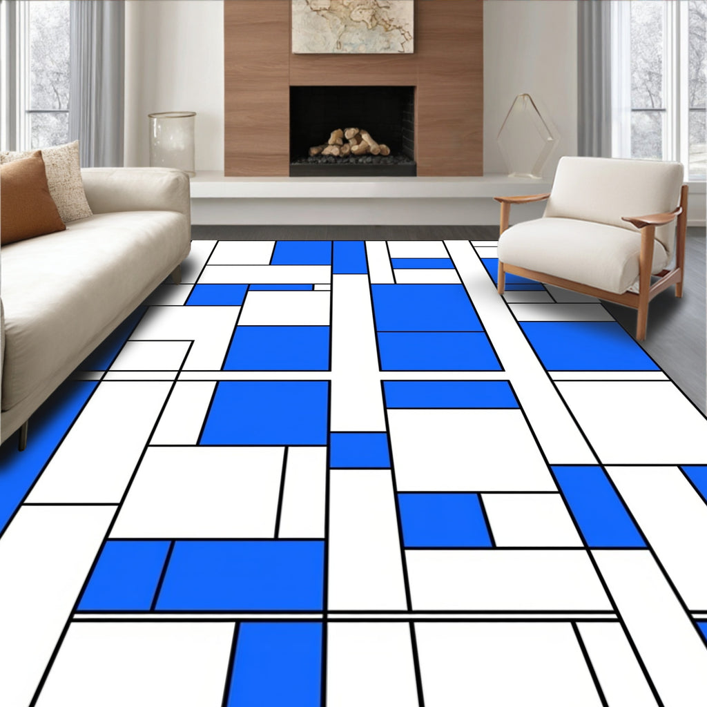 Blue White Geometric Composition Rug