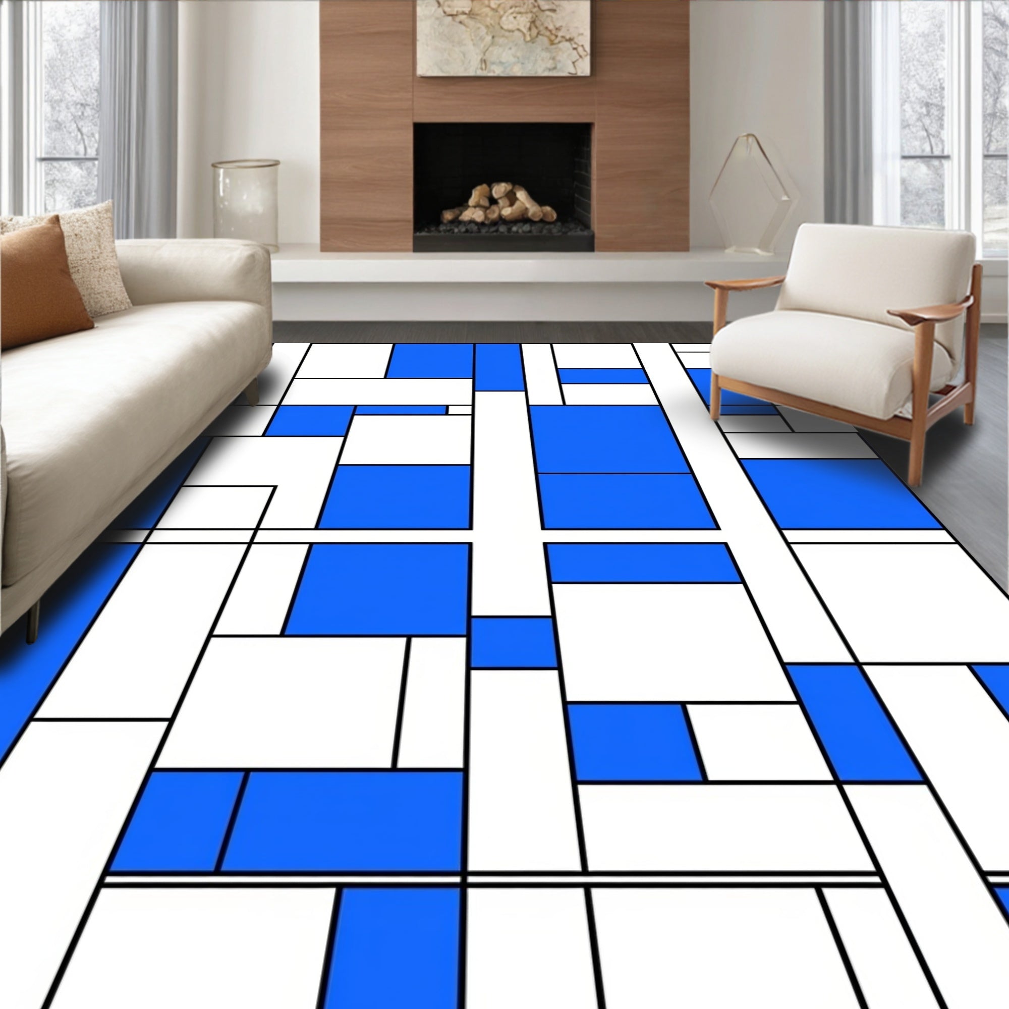 Blue White Geometric Composition Rug