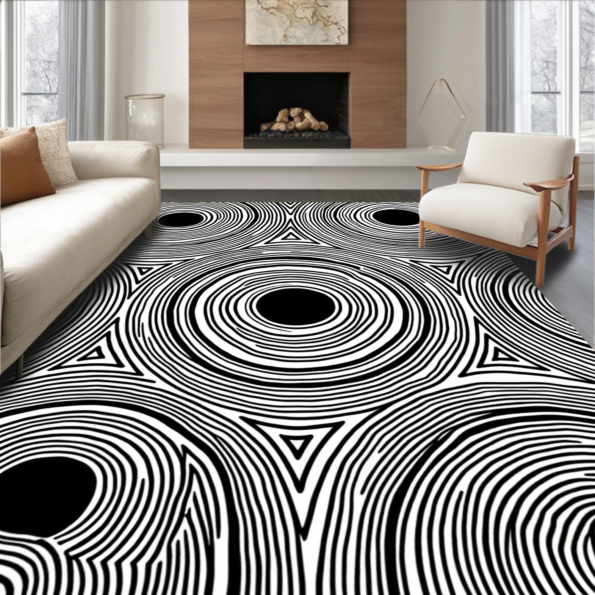 Monochrome Concentric Circles Triangles Pattern Rug