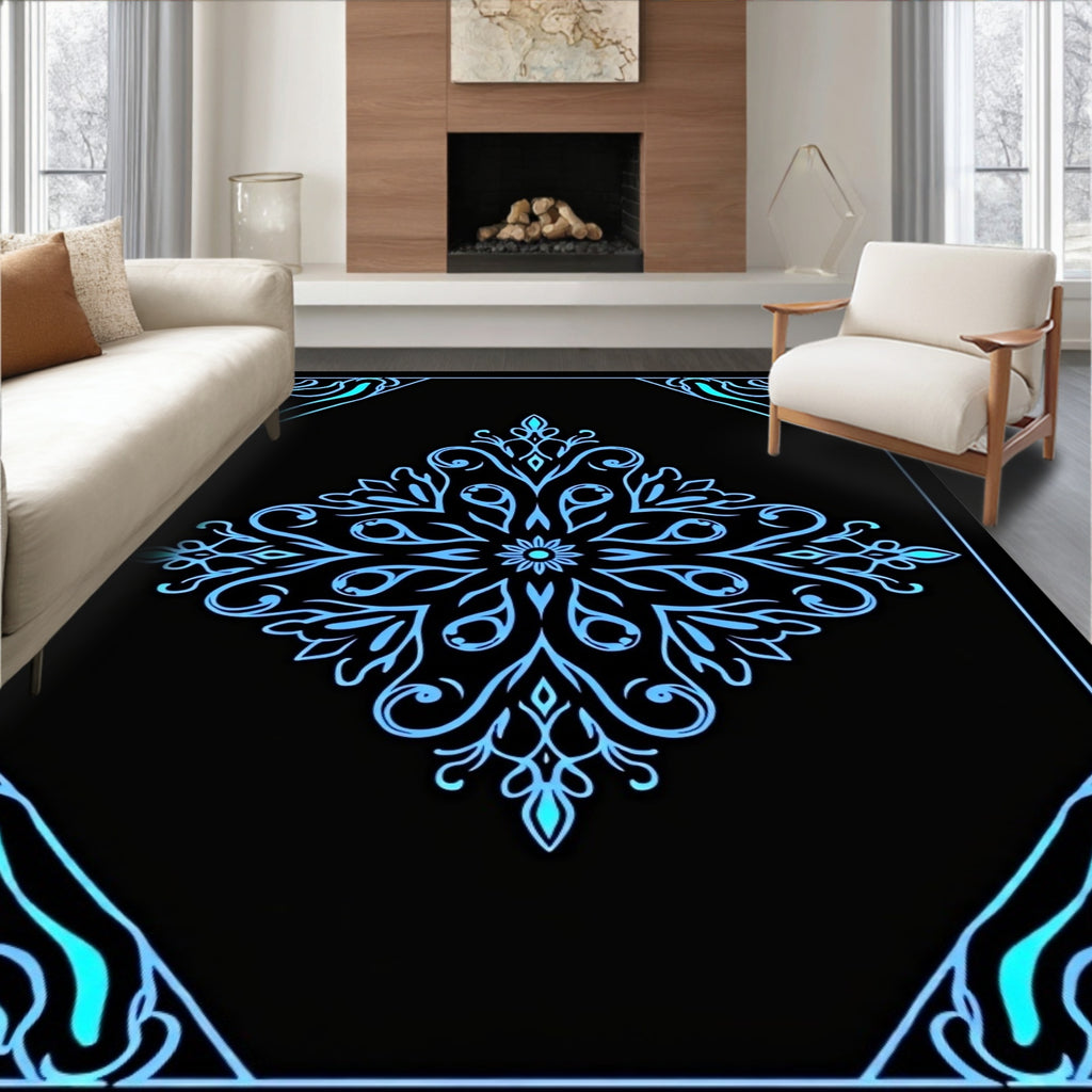Luminous Blue Floral Mandala Design Rug