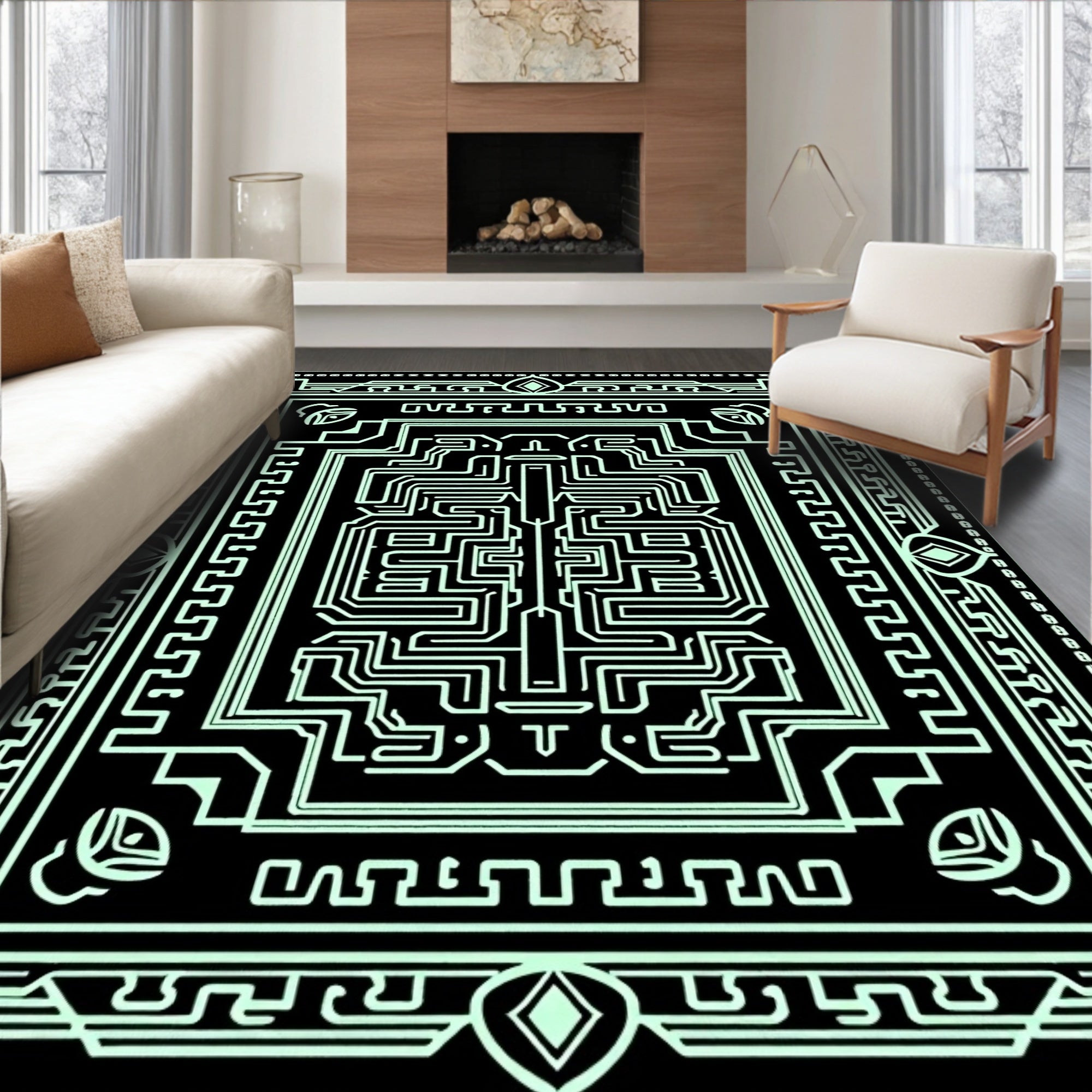 Circuit Board Inspired Abstract Geometric Design Rug