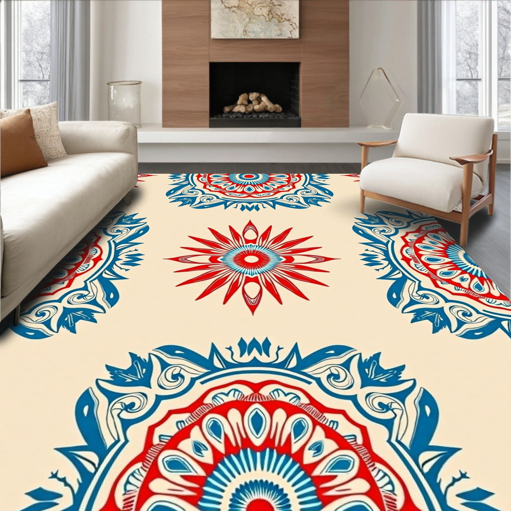 Red Blue Ornamental Mandala Pattern Rug