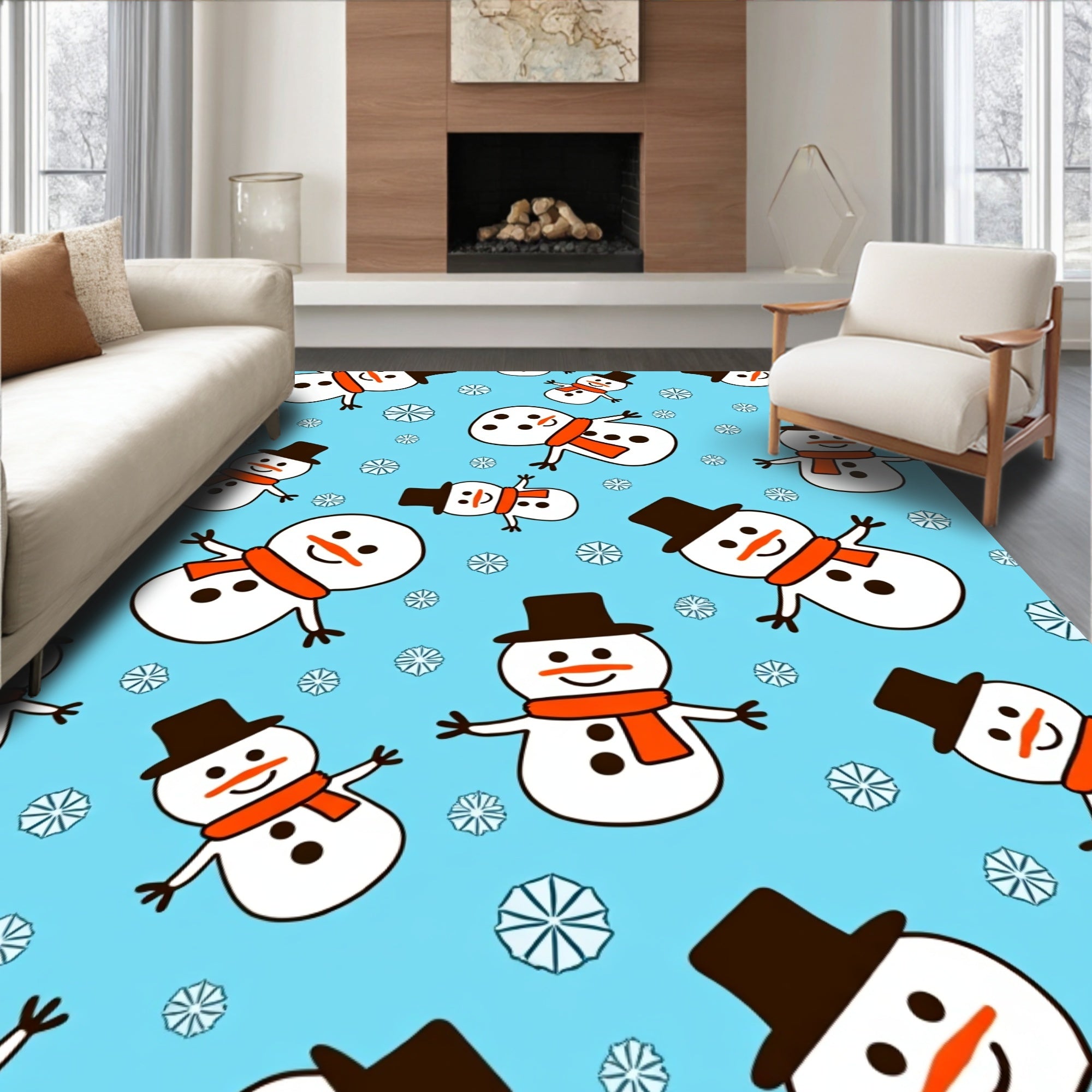 Happy Snowmen Orange Scarf Blue Background Rug