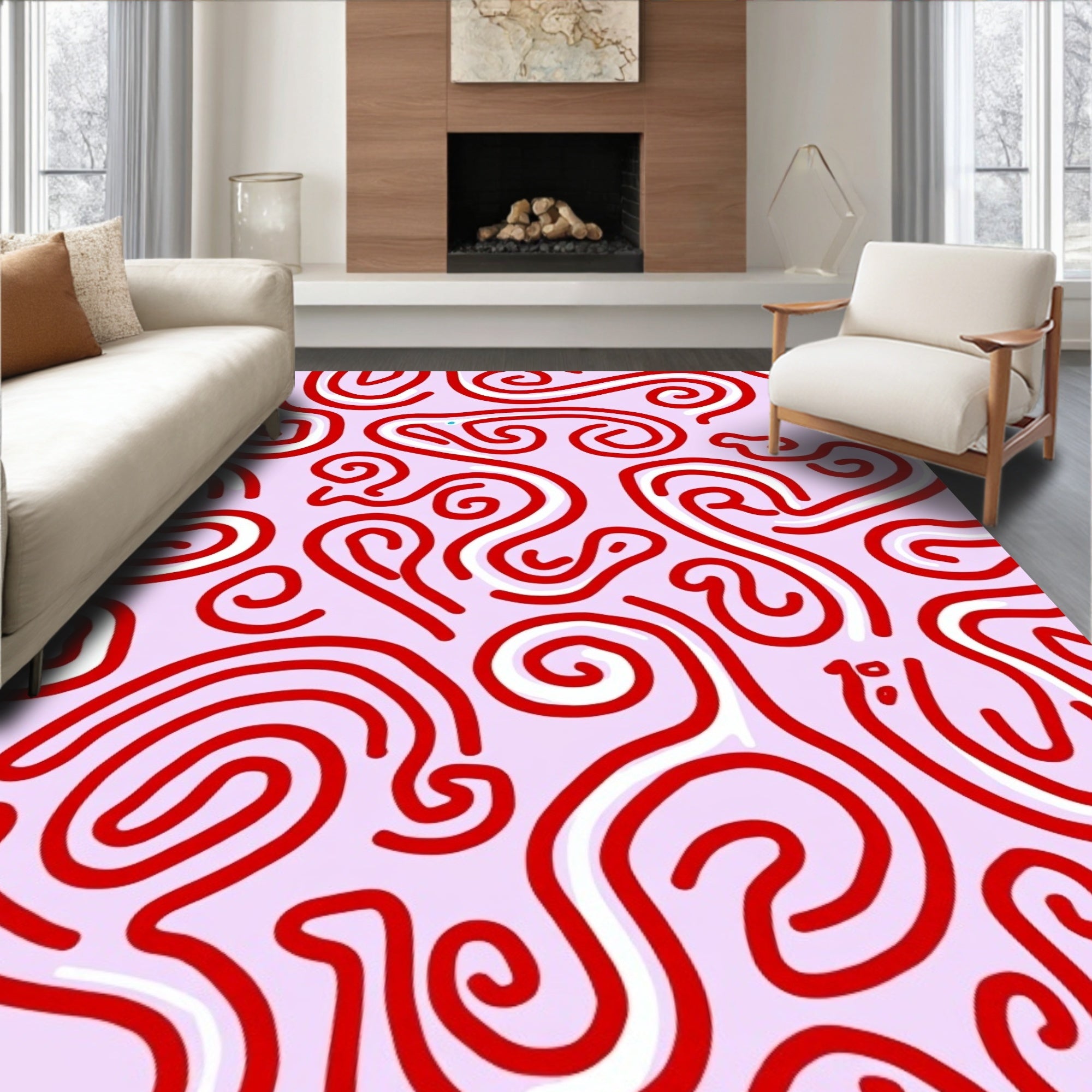 Crimson Swirls on Lavender Field Rug