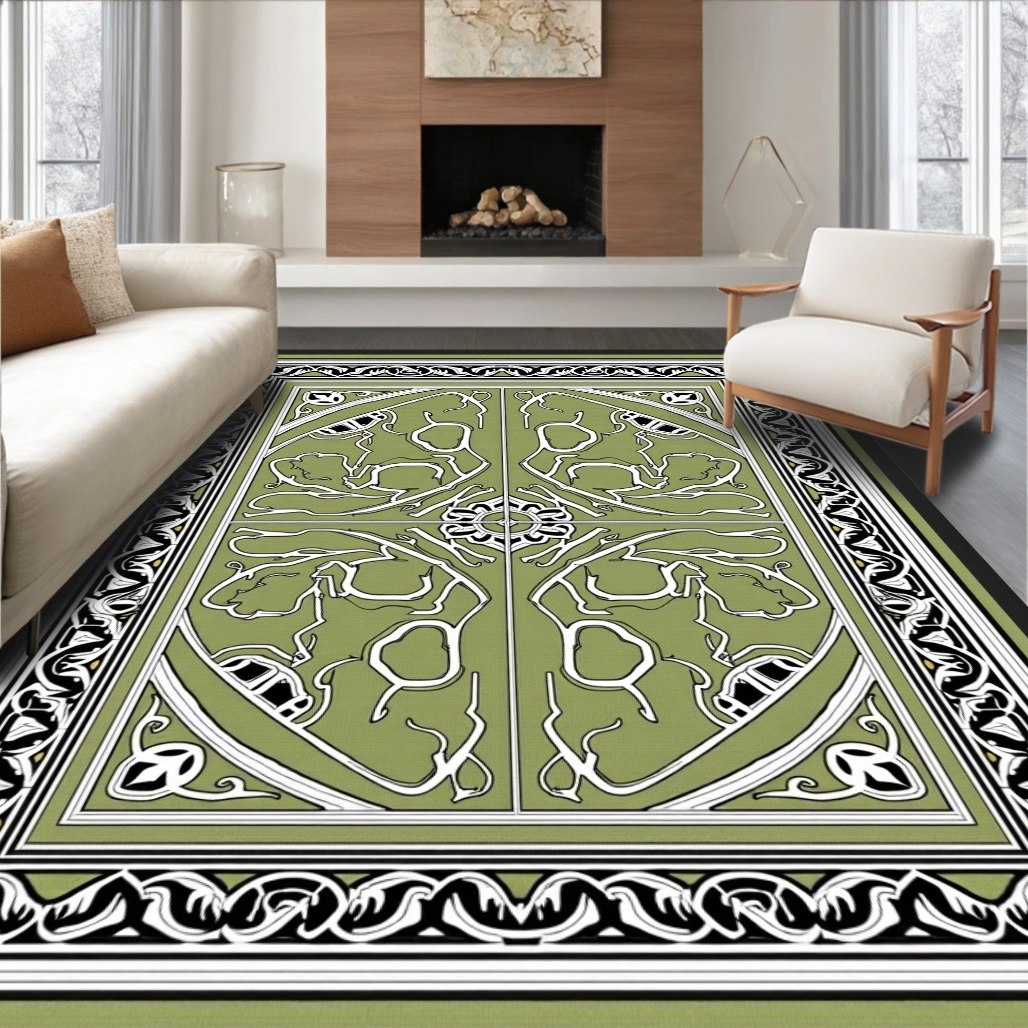 Art Nouveau Green Vine Leaf Rug