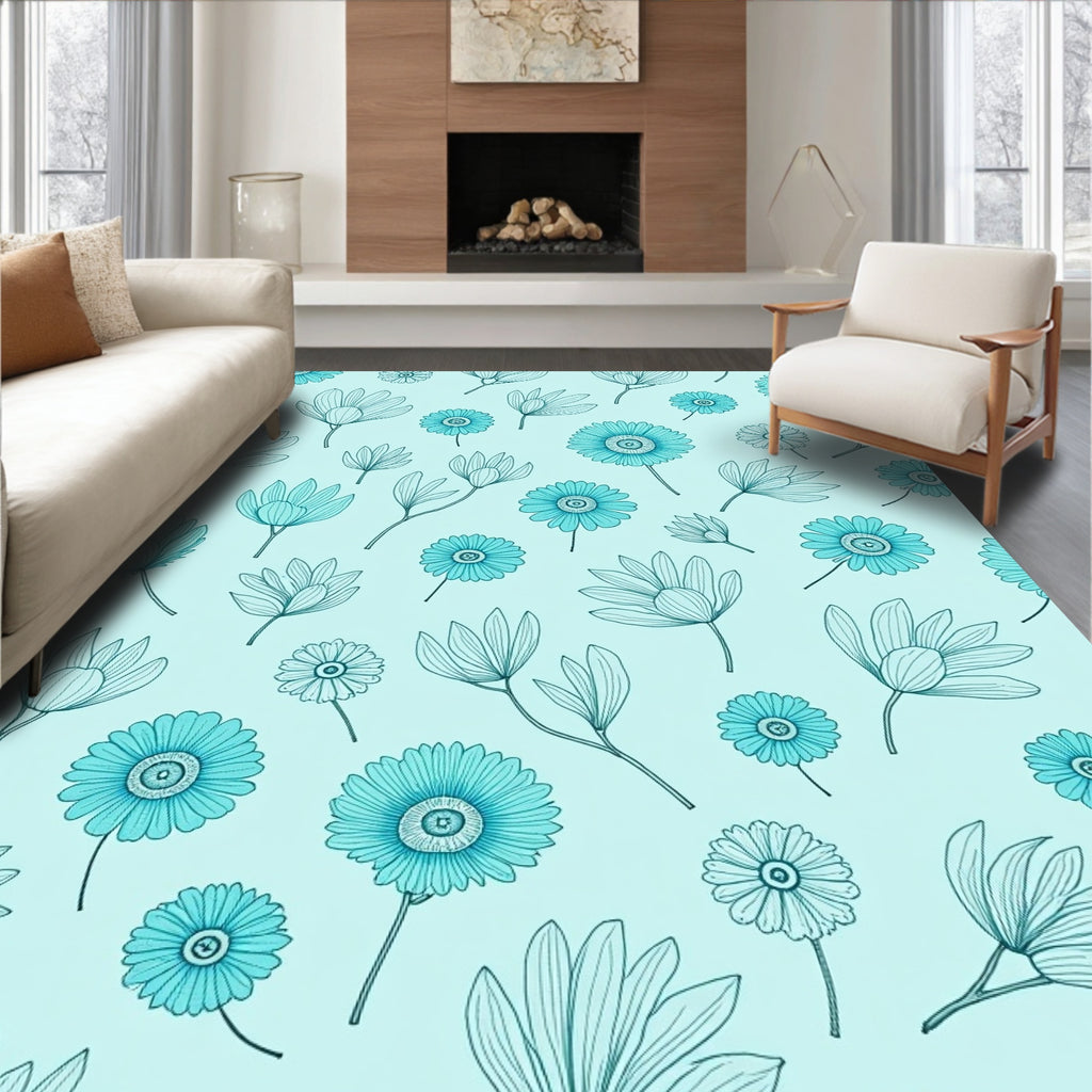 Aqua Daisy Line Art Pattern Rug