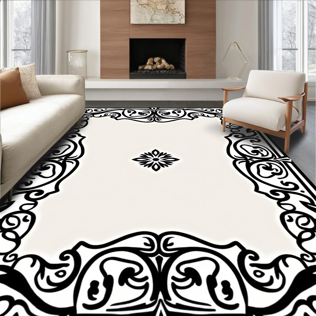 Ornate Black Scrollwork Decorative Cover Rug