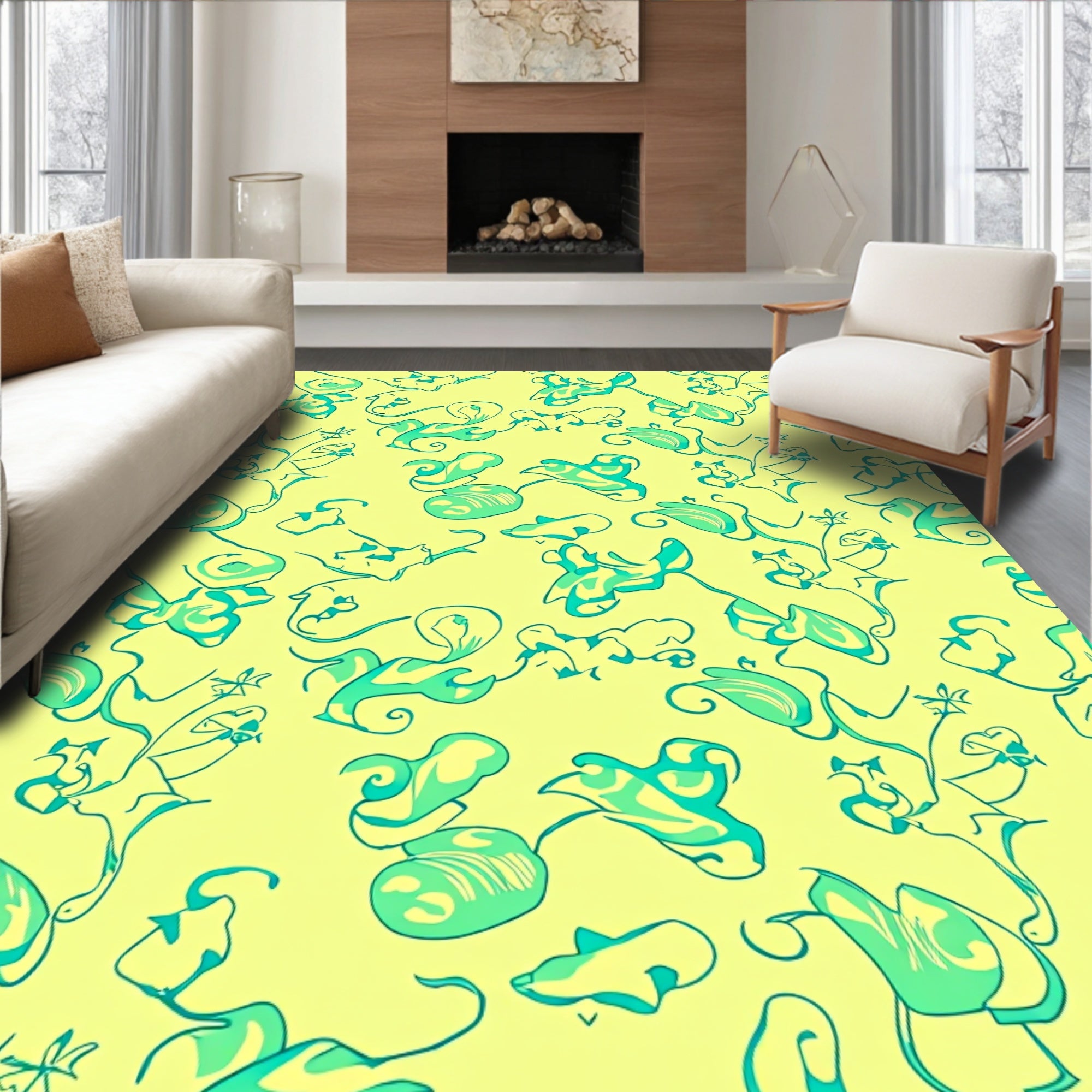 Whimsical Teal Botanical Swirl Design Rug