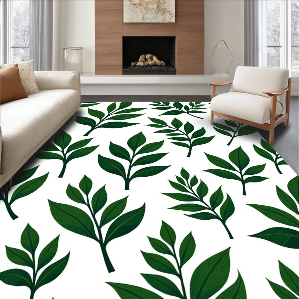 Dark Green Leaf Patterned Design Rug