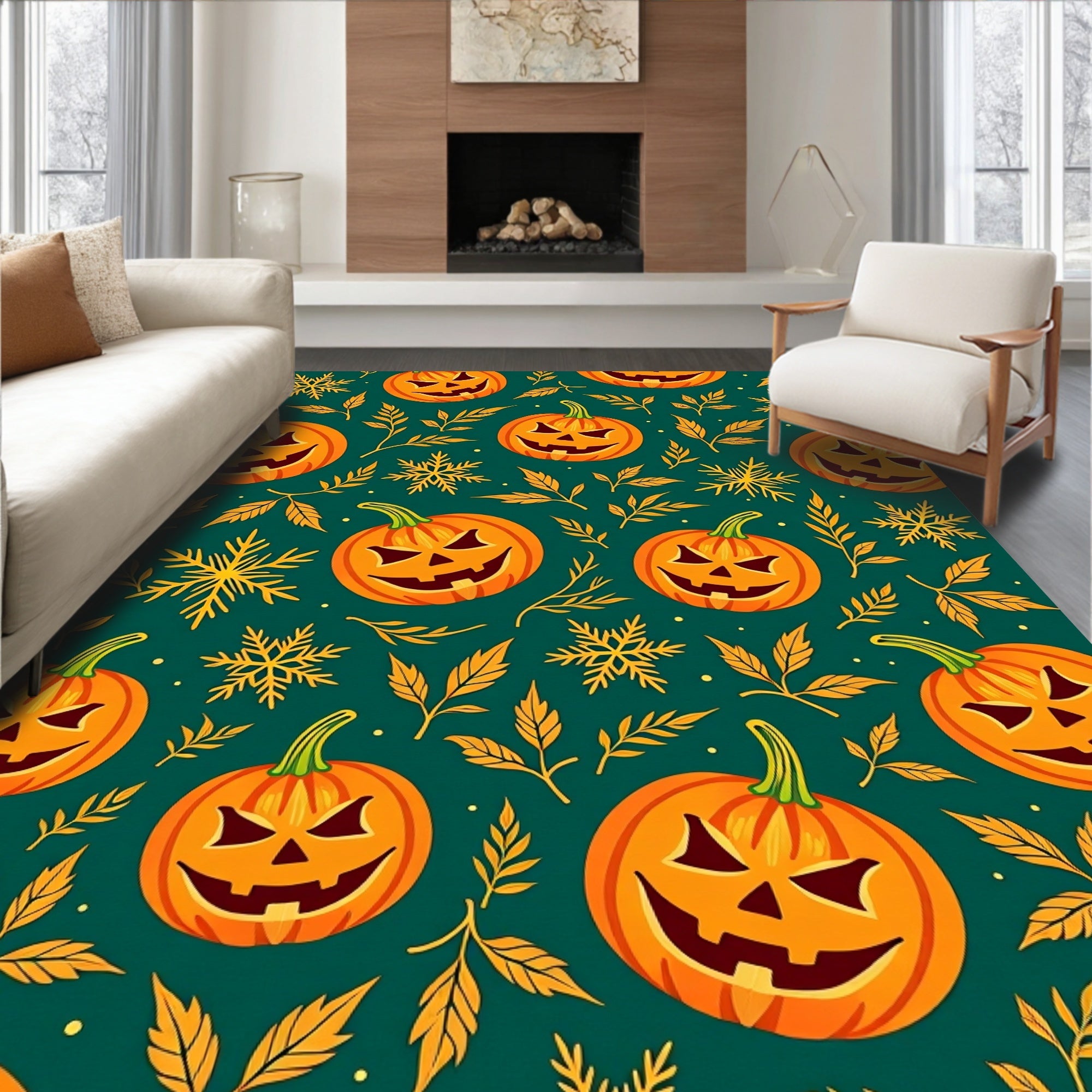 Orange Jack O Lantern Autumn Foliage Rug