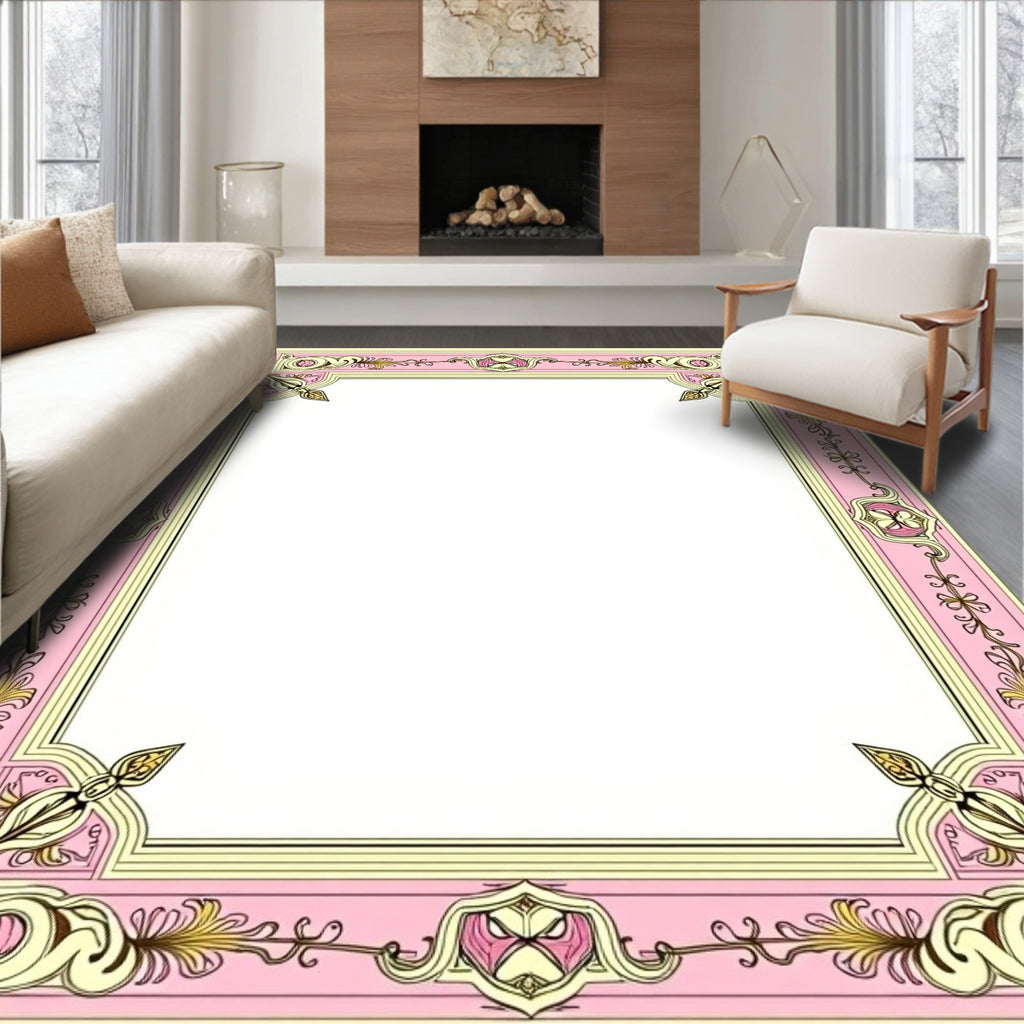 Pink and Yellow Ornate Floral Border Rug