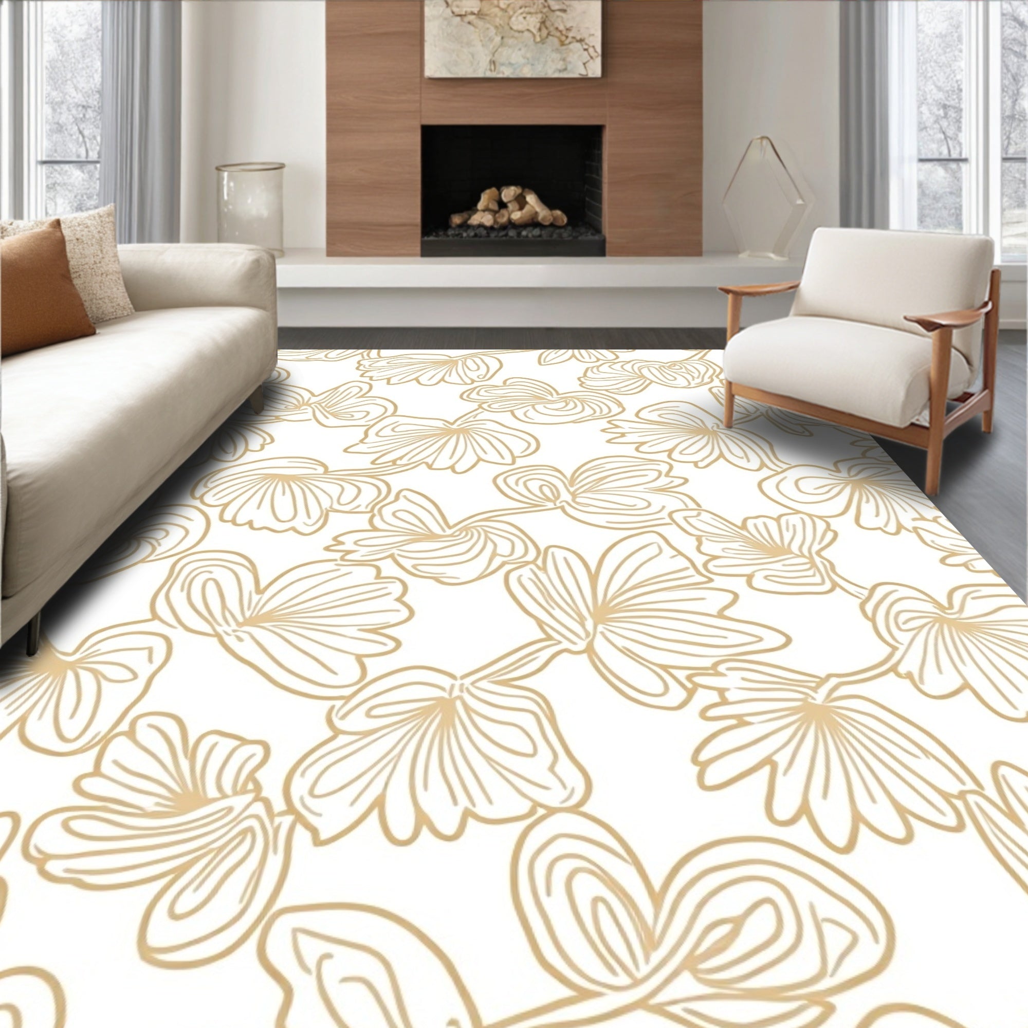 Gold Line Art Floral Pattern Rug