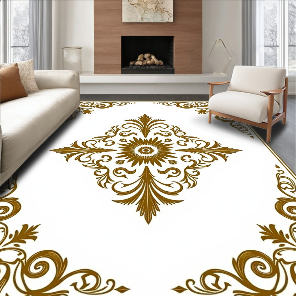 Ornate Golden Scrollwork Floral Design Rug