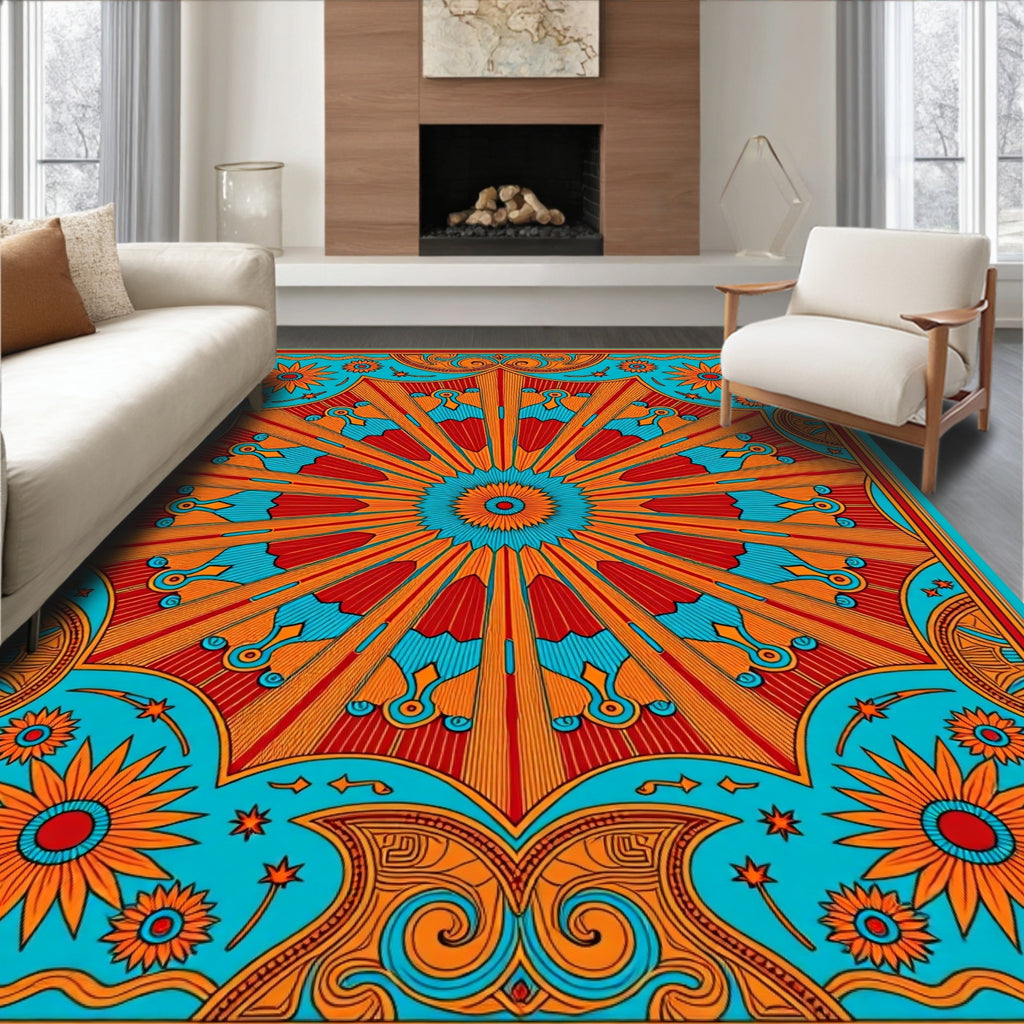 Vibrant Sunburst Mandala With Floral Accents Rug
