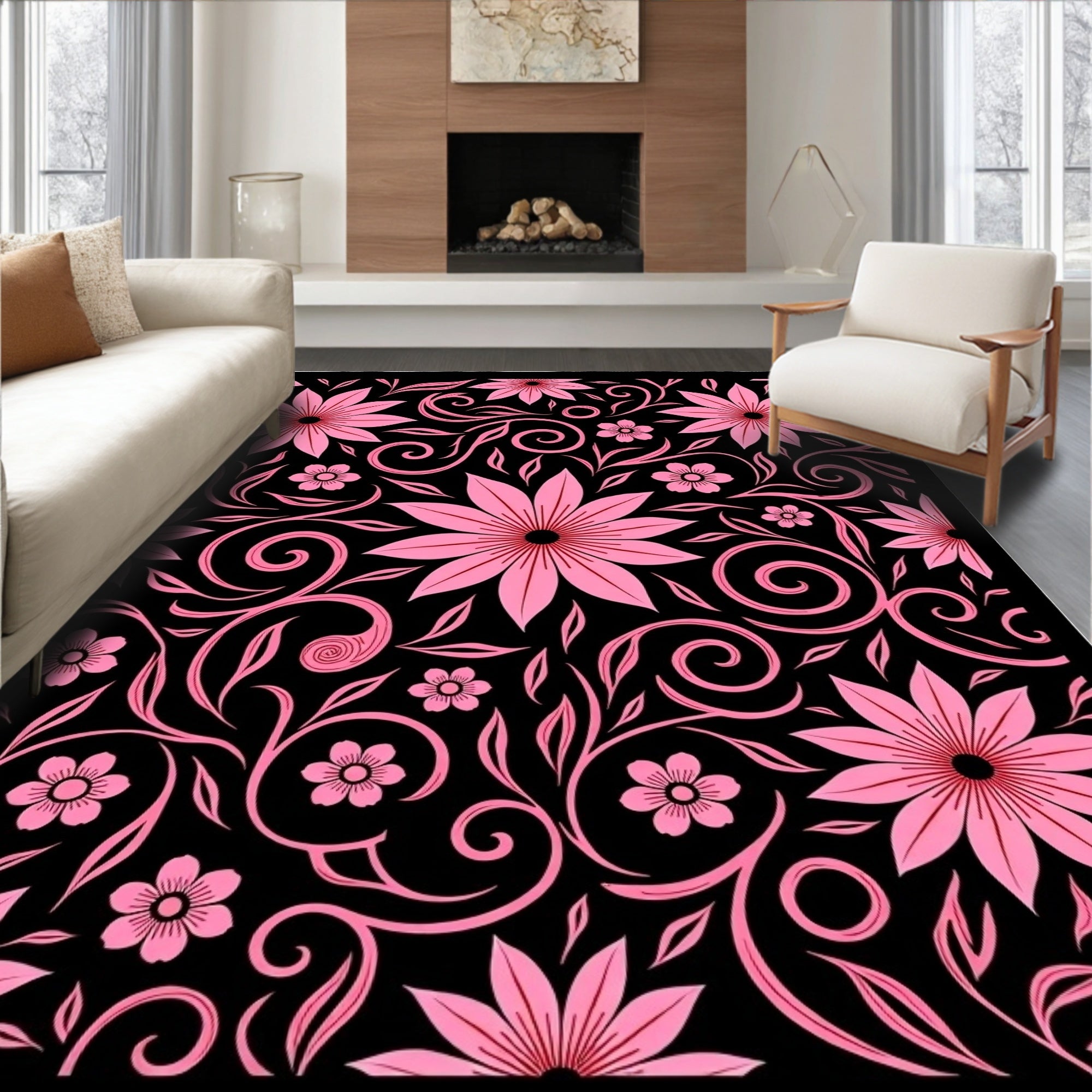 Pink Floral Swirl Pattern Art Rug
