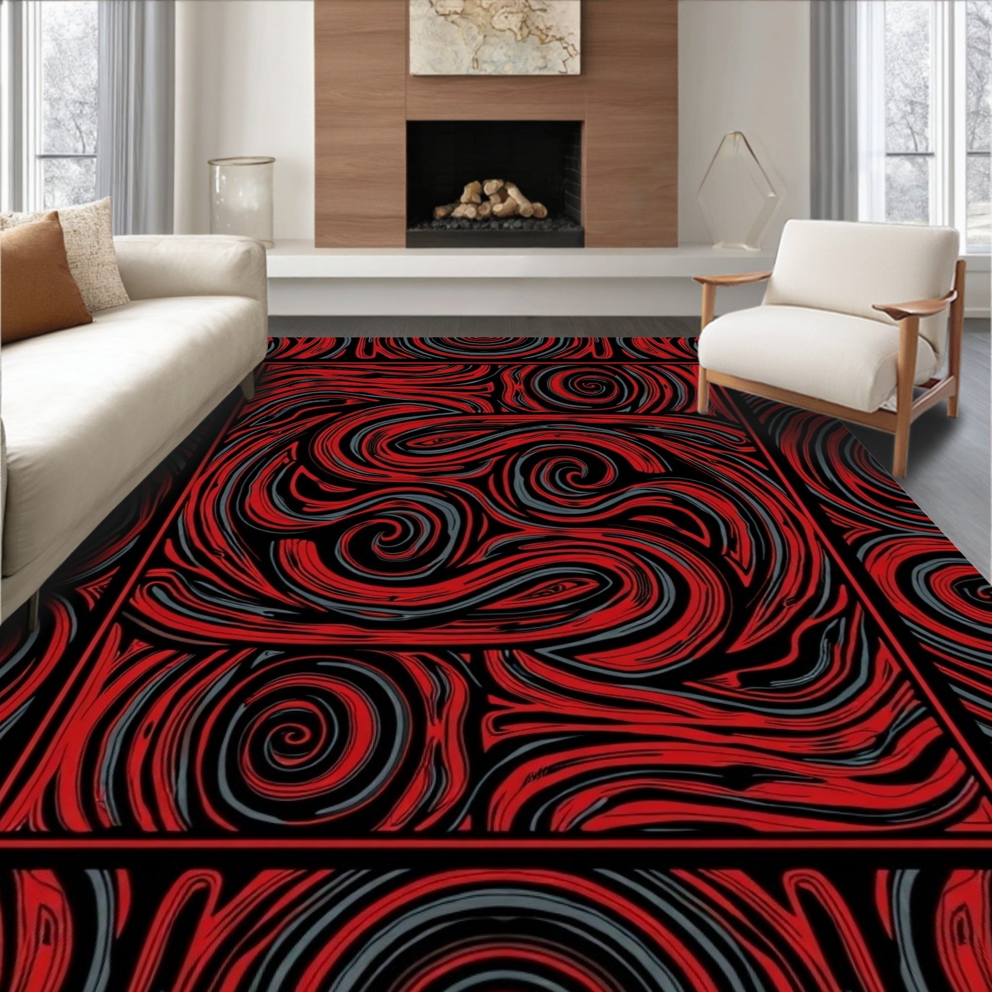 Red Black Swirl Abstract Pattern Rug