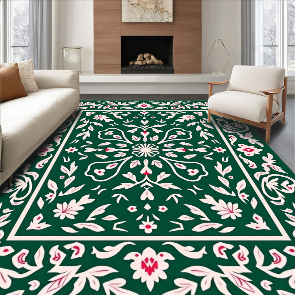 Floral Bordered Emerald Print Design Rug