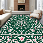 Floral Bordered Emerald Print Design Rug