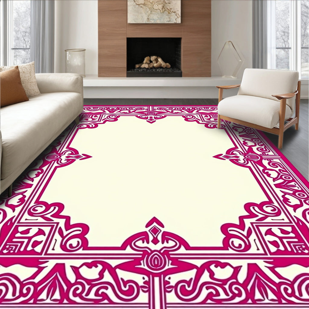 Ornate Pink Floral Border Design Rug